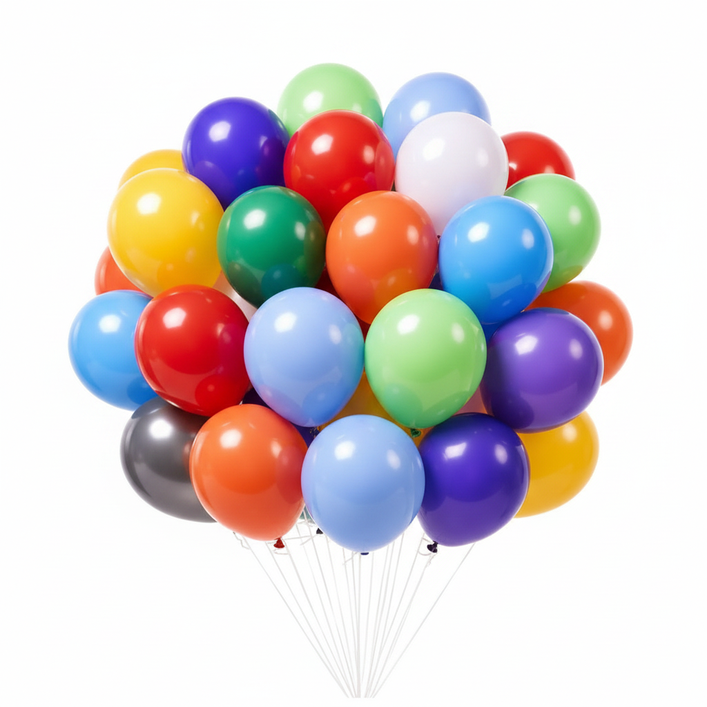 Assorted colored balloons with a white ribbon on a white background